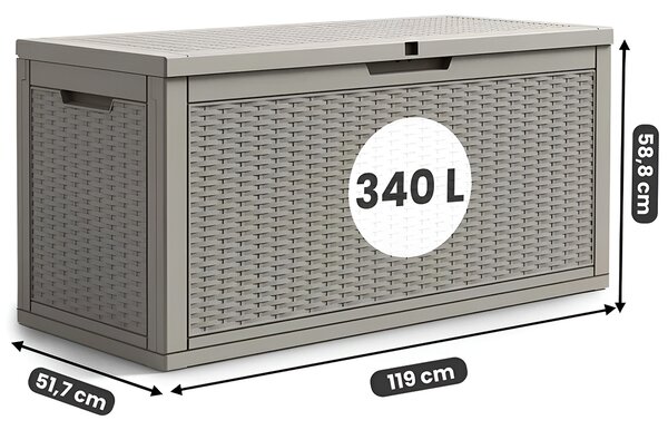 Zahradní úložný box na polstry a nářadí 340 l, šedý, voděodolný, 119×58×52 cm