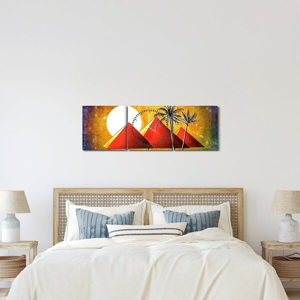 Obraz malovaných egyptských pyramid (s hodinami) (90x30 cm)