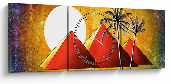 Obraz malovaných egyptských pyramid (s hodinami) (90x30 cm)