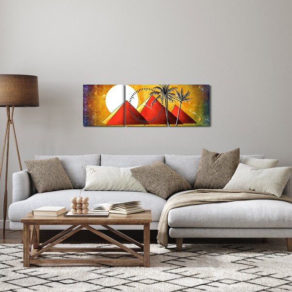 Obraz malovaných egyptských pyramid (s hodinami) (90x30 cm)