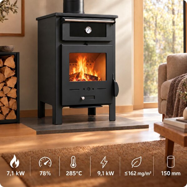 Kamna na dřevo s troubou THERMA 7,1 kW, volně stojící ocelová krbová kamna, litinový rošt, teploměr, kouřovod 150 mm Kopírovat