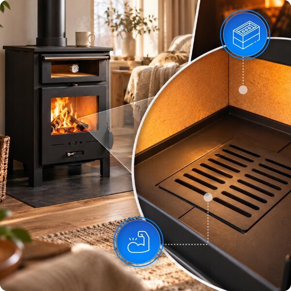 Kamna na dřevo s troubou THERMA 7,1 kW, volně stojící ocelová krbová kamna, litinový rošt, teploměr, kouřovod 150 mm Kopírovat