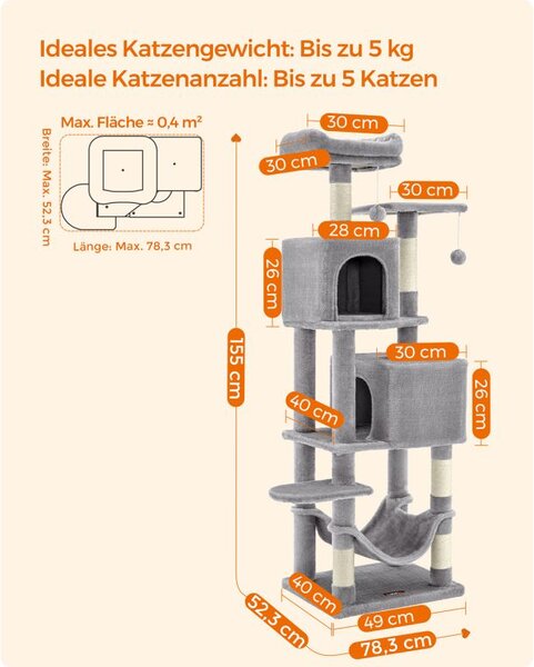 Škrabadlo pro kočky 155 cm, světle šedé, plyš a sisal