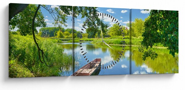 Obraz letní řeky s loďkou (s hodinami) (90x30 cm)