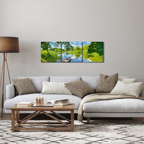 Obraz letní řeky s loďkou (s hodinami) (90x30 cm)