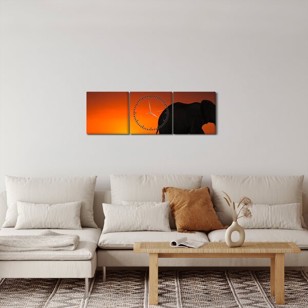 Obraz slona při západu slunce (s hodinami) (90x30 cm)