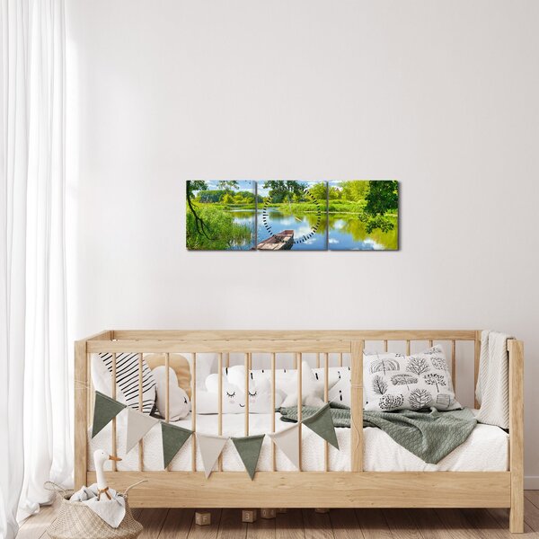 Obraz letní řeky s loďkou (s hodinami) (90x30 cm)