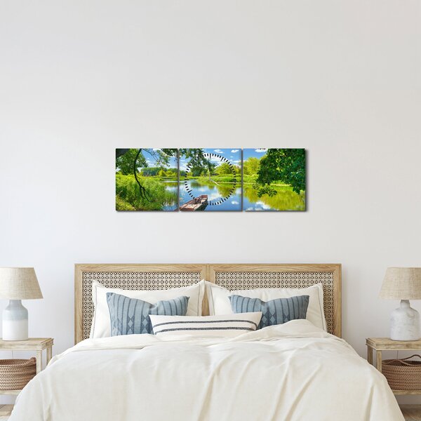 Obraz letní řeky s loďkou (s hodinami) (90x30 cm)