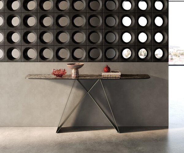 DELIFE Konzolový stůl Edge oválný tvar 180×40 cm keramika Emperador Extra Lucidato tmavě hnědá Velio kov titanová barva