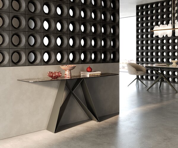 DELIFE Konzolový stůl Edge oválný tvar 180×40 cm keramika Emperador Extra Lucidato tmavě hnědá Velio kov titanová barva