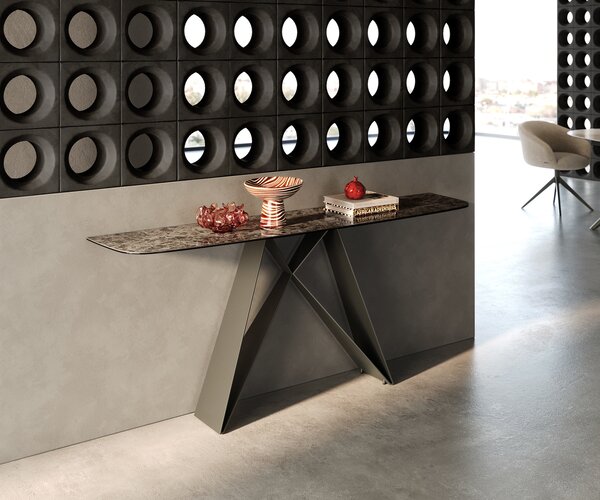 DELIFE Konzolový stůl Edge oválný tvar 180×40 cm keramika Emperador Extra Lucidato tmavě hnědá Velio kov titanová barva