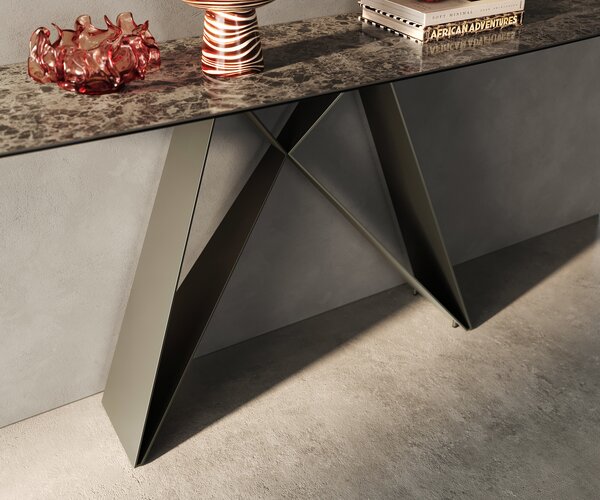 DELIFE Konzolový stůl Edge oválný tvar 180×40 cm keramika Emperador Extra Lucidato tmavě hnědá Velio kov titanová barva