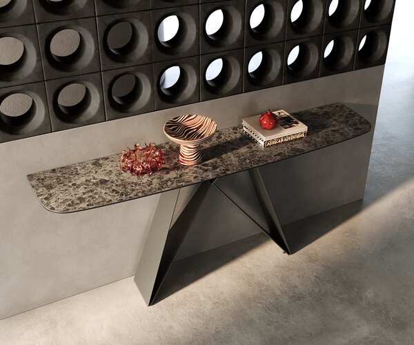 DELIFE Konzolový stůl Edge oválný tvar 180×40 cm keramika Emperador Extra Lucidato tmavě hnědá Velio kov titanová barva