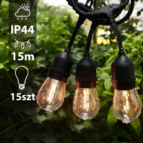 LED Venkovní dekorační řetěz 15xE27/1W/230V 15,94 m IP44 černá