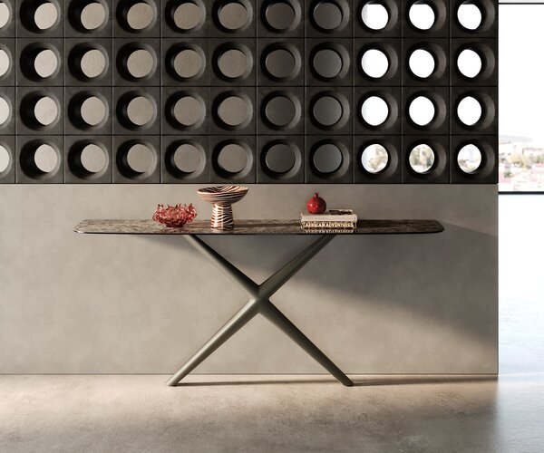 DELIFE Konzolový stůl Edge oválný tvar 180×40 cm keramika Emperador Extra Lucidato tmavě hnědá Estelo kov titanová barva