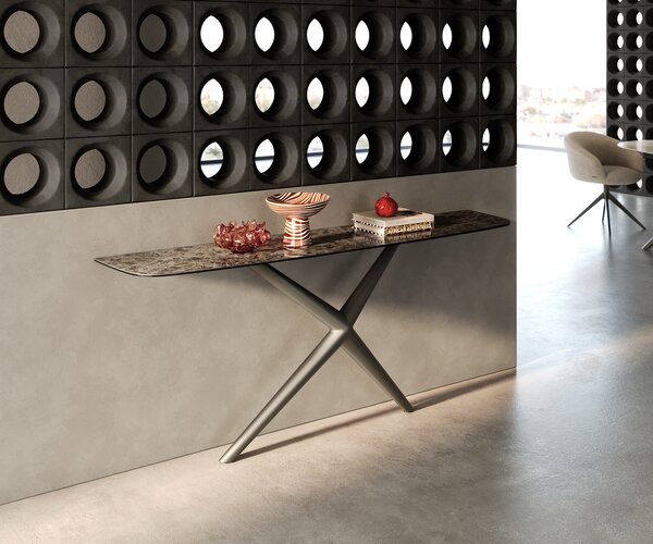 DELIFE Konzolový stůl Edge oválný tvar 180×40 cm keramika Emperador Extra Lucidato tmavě hnědá Estelo kov titanová barva