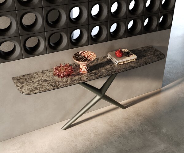 DELIFE Konzolový stůl Edge oválný tvar 180×40 cm keramika Emperador Extra Lucidato tmavě hnědá Estelo kov titanová barva