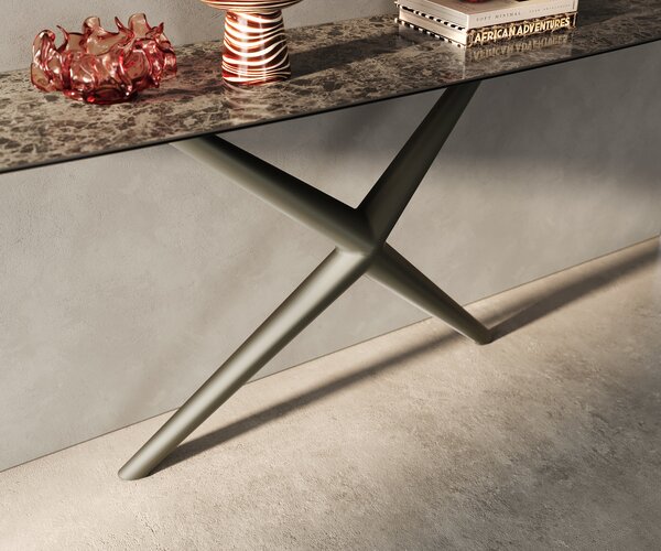 DELIFE Konzolový stůl Edge oválný tvar 180×40 cm keramika Emperador Extra Lucidato tmavě hnědá Estelo kov titanová barva