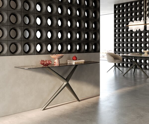DELIFE Konzolový stůl Edge oválný tvar 180×40 cm keramika Emperador Extra Lucidato tmavě hnědá Estelo kov titanová barva