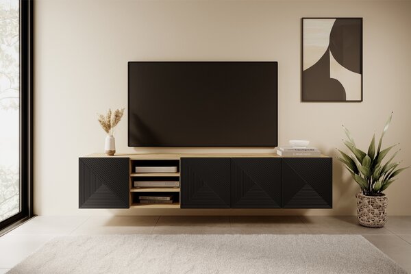 Závěsný TV stolek Asha 200 cm s rýhovanými dvířky a výklenkem - dub artisan / černý mat