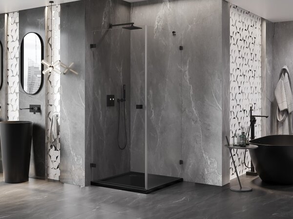 Mexen Lunar-B, výklopný sprchový kout levý 90 x 90 cm, 8mm čiré sklo, černý profil, 832-090-090-70-00-L