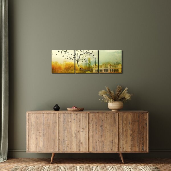 Obraz malované krajiny se sídlem (s hodinami) (90x30 cm)