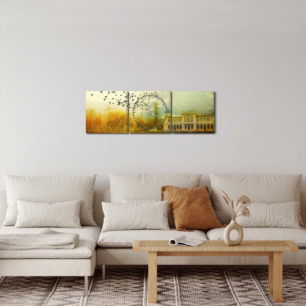 Obraz malované krajiny se sídlem (s hodinami) (90x30 cm)