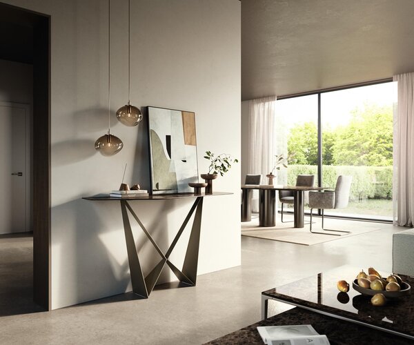 DELIFE Konzolový stůl Edge polygonální 140×50 cm keramika Emperador Extra Lucidato tmavě hnědá Spios kov titanová barva