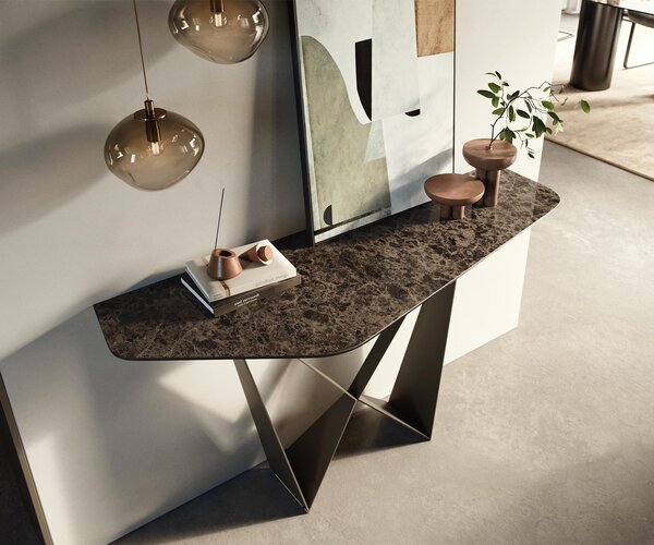 DELIFE Konzolový stůl Edge polygonální 140×50 cm keramika Emperador Extra Lucidato tmavě hnědá Spios kov titanová barva
