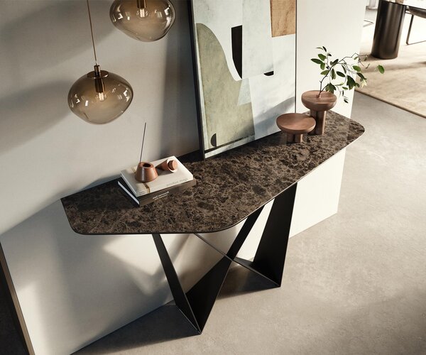 DELIFE Konzolový stůl Edge polygonální 140×50 cm keramika Emperador Extra Lucidato tmavě hnědá Spios kov černá