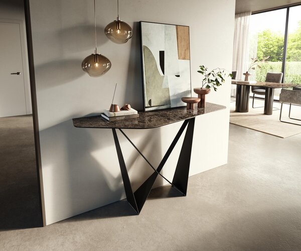 DELIFE Konzolový stůl Edge polygonální 140×50 cm keramika Emperador Extra Lucidato tmavě hnědá Spios kov černá