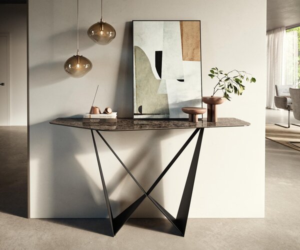 DELIFE Konzolový stůl Edge polygonální 140×50 cm keramika Emperador Extra Lucidato tmavě hnědá Spios kov černá