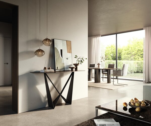 DELIFE Konzolový stůl Edge polygonální 140×50 cm keramika Emperador Extra Lucidato tmavě hnědá Spios kov černá