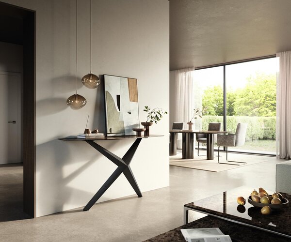 DELIFE Konzolový stůl Edge polygonální 140×50 cm keramika Emperador Extra Lucidato tmavě hnědá Zentharo kov černá