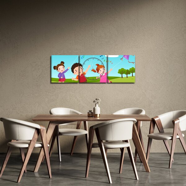 Obraz - Děti pouští draka (s hodinami) (90x30 cm)