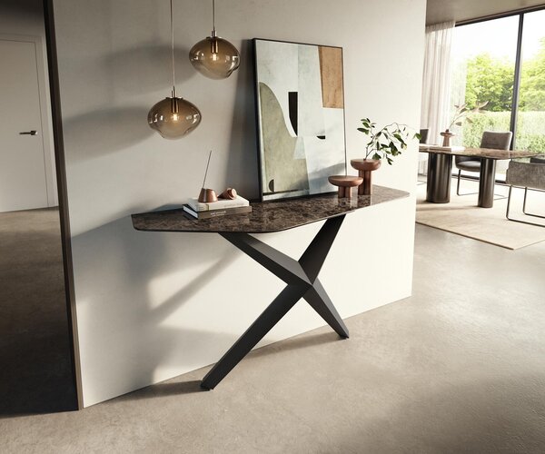DELIFE Konzolový stůl Edge polygonální 140×50 cm keramika Emperador Extra Lucidato tmavě hnědá Zentharo kov černá