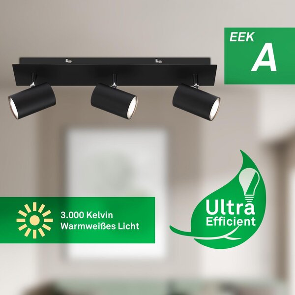 BRILO 2840035 Isil A LED stropní bodové svítidlo, energetická třída A, 3-ramenné, 50.000h životnost, nastavitelné, černé - BRILO