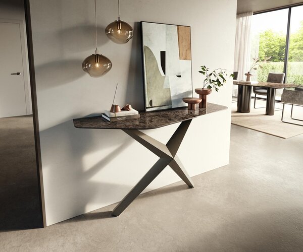 DELIFE Konzolový stůl Edge polygonální 140×50 cm keramika Emperador Extra Lucidato tmavě hnědá Zentharo kov titanová barva