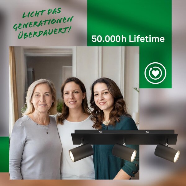 BRILO 2840035 Isil A LED stropní bodové svítidlo, energetická třída A, 3-ramenné, 50.000h životnost, nastavitelné, černé - BRILO