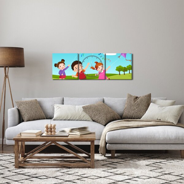 Obraz - Děti pouští draka (s hodinami) (90x30 cm)