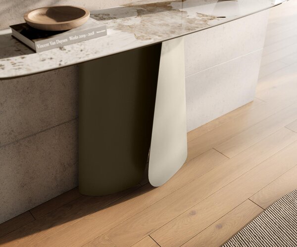 DELIFE Konzolový stůl Edge oválný 140×40 cm keramika Minas Melange bílá béžová Livos kov titanová barva