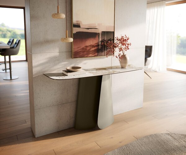 DELIFE Konzolový stůl Edge oválný 140×40 cm keramika Minas Melange bílá béžová Livos kov titanová barva