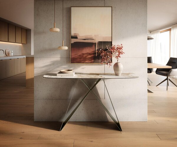 DELIFE Konzolový stůl Edge oválný tvar 140×40 cm keramika Minas Melange bílá béžová Velio kov titanová barva