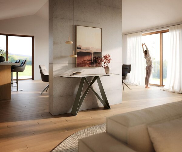 DELIFE Konzolový stůl Edge oválný tvar 140×40 cm keramika Minas Melange bílá béžová Velio kov titanová barva