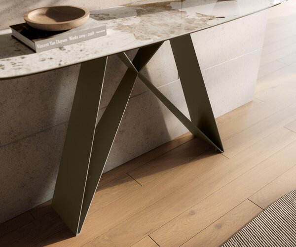 DELIFE Konzolový stůl Edge oválný tvar 140×40 cm keramika Minas Melange bílá béžová Velio kov titanová barva