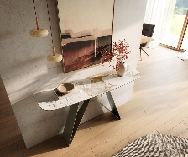 DELIFE Konzolový stůl Edge oválný tvar 140×40 cm keramika Minas Melange bílá béžová Velio kov titanová barva