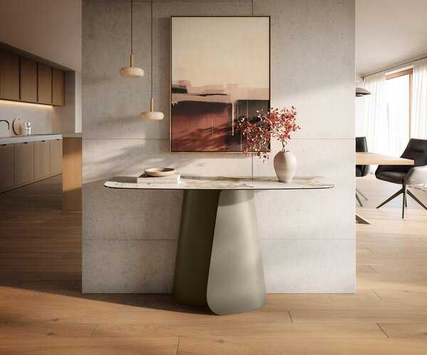 DELIFE Konzolový stůl Edge oválný 140×40 cm keramika Minas Melange bílá béžová Livos kov titanová barva