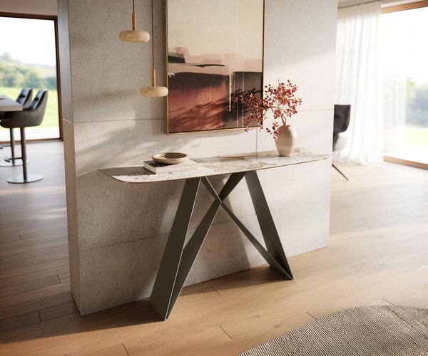 DELIFE Konzolový stůl Edge oválný tvar 140×40 cm keramika Minas Melange bílá béžová Velio kov titanová barva
