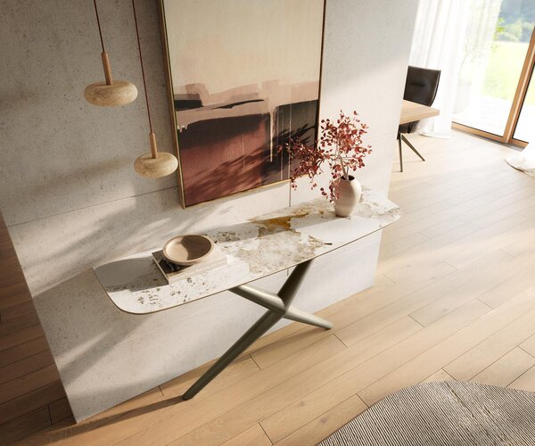 DELIFE Konzolový stůl Edge oválný tvar 140×40 cm keramika Minas Melange bílá béžová Estelo kov titanová barva