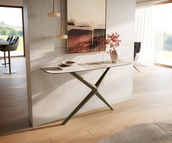 DELIFE Konzolový stůl Edge oválný tvar 140×40 cm keramika Minas Melange bílá béžová Estelo kov titanová barva
